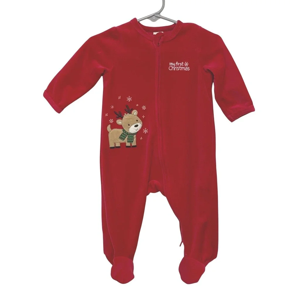 Little Me My First Christmas Sleeper 6‎ M Red Velour Reindeer Romper Playsuit